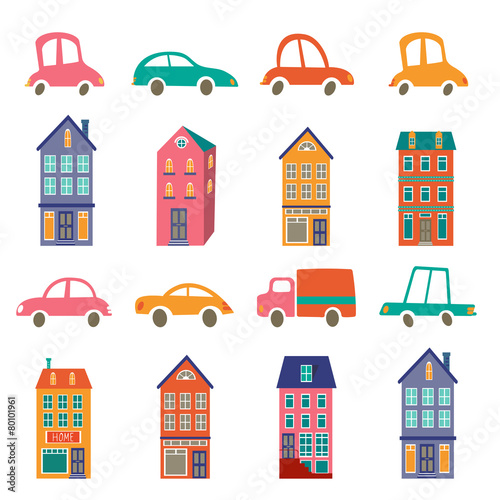 Cute city collection with houses and cars