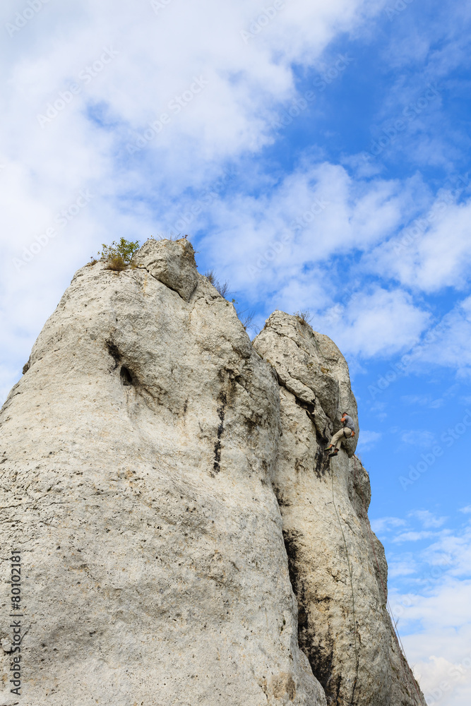 Fototapeta premium Rock climber on limestone rock near Krakow, Poland