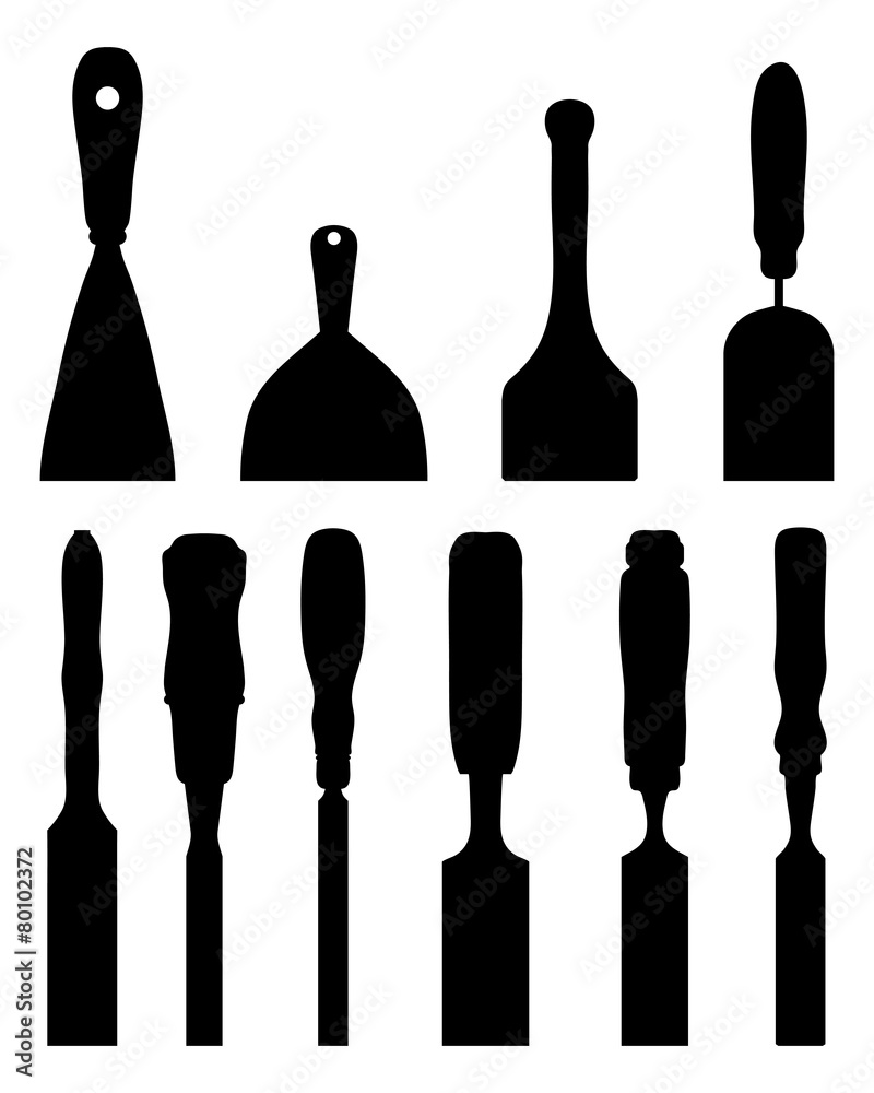 Fototapeta premium Black silhouettes of different chisels, vector illustration