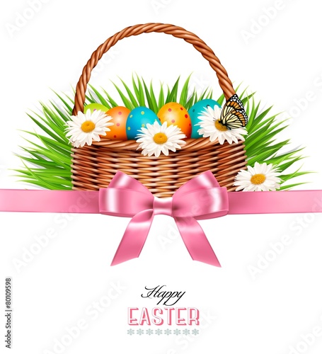 Happy Easter background. Basket with eggs, daisies, grass and a