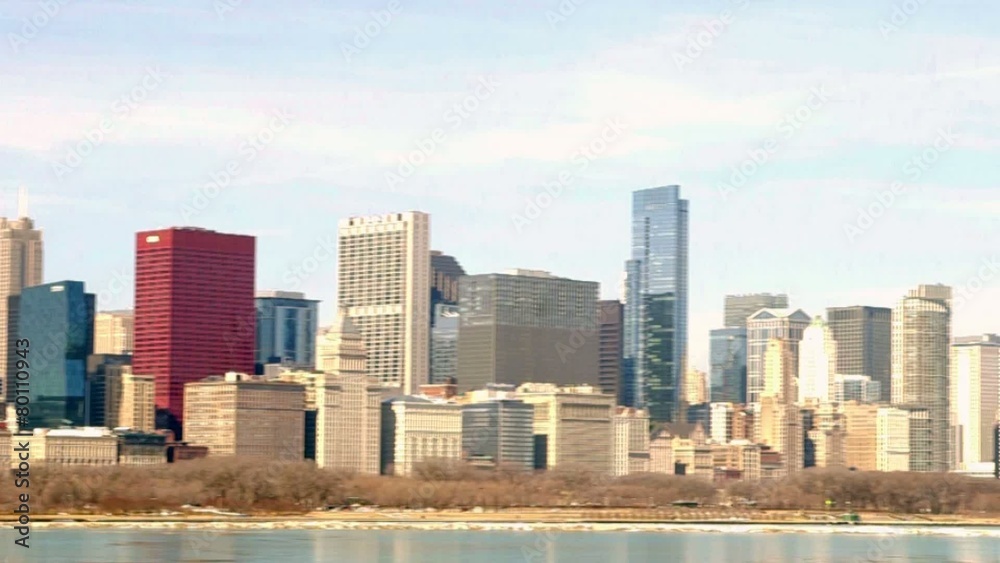Chicago, Illinois skyline seen from Lake Michigan on winter day Chicago, Illinois skyline seen from Lake Michigan on winter day