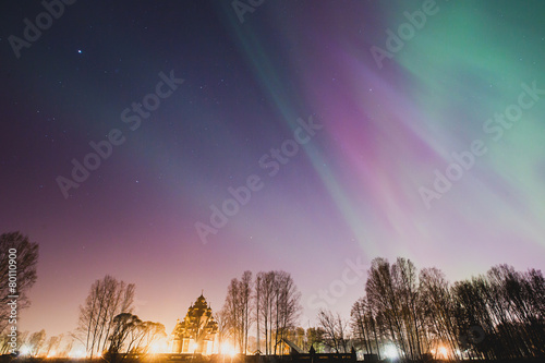Beautiful panoramic picture of northern lights aurora borealis © tsuguliev