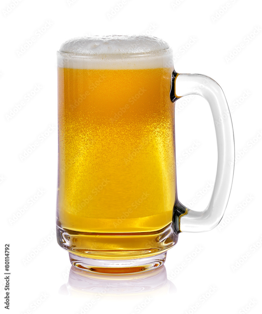 Mug fresh beer with cap of foam isolated on white background Mug fresh beer with cap of foam isolated on white background