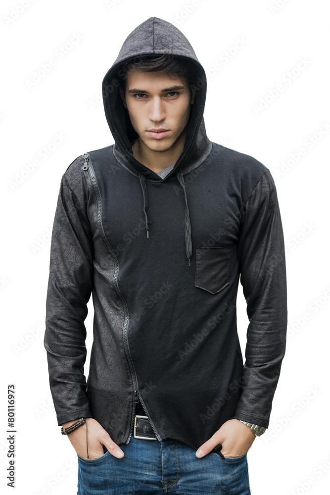 Handsome young man in black hoodie sweater isolated on white