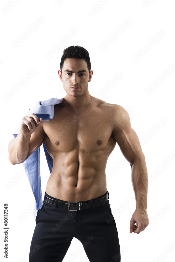 Handsome Shirtless Muscular Man With Shirt on Shoulder Handsome Shirtless Muscular Man With Shirt on Shoulder