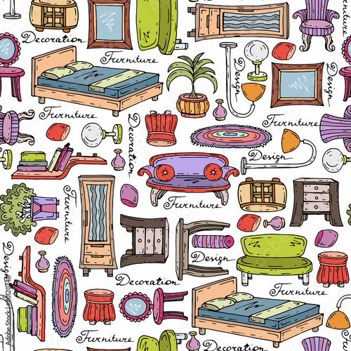 Vector pattern with hand drawn furniture and elements of decor
