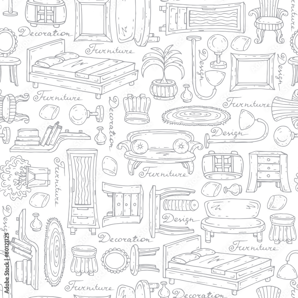 Vector pattern with furniture and decor elements on white color