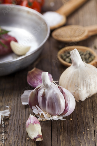 Closeup of garlic when cooking meat