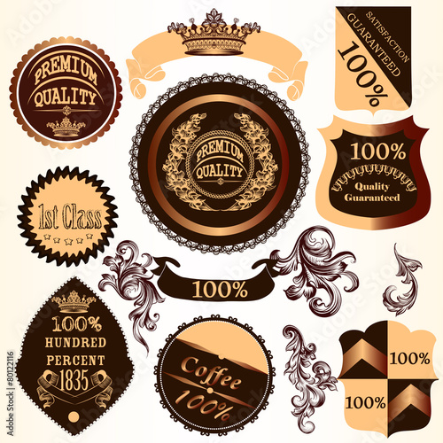 Collection of vector decorative badges and labels with swirls