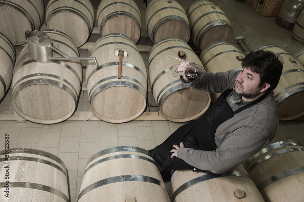 Winemaker tasting wine amongst oak casks. Winemaker tasting wine amongst oak casks.