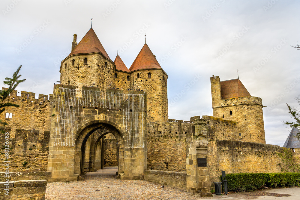 Entrance to the Cite de Carcassonne, a medieval citadel in Franc