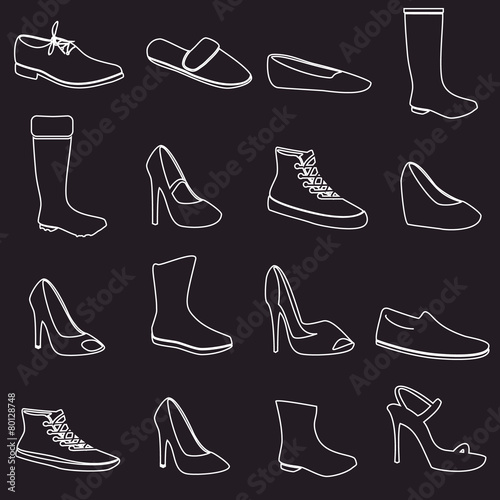boots and shoes white outline icons set eps10