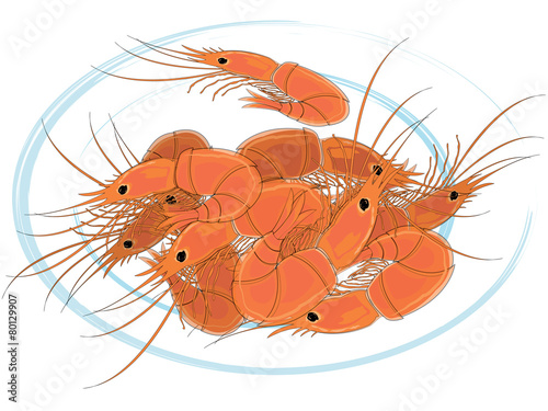Prepared shrimps on the white plate.
