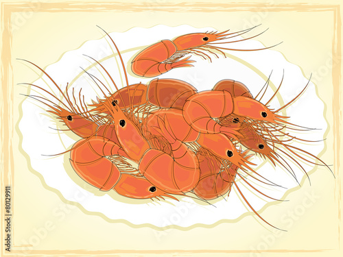Prepared shrimps on the white plate.