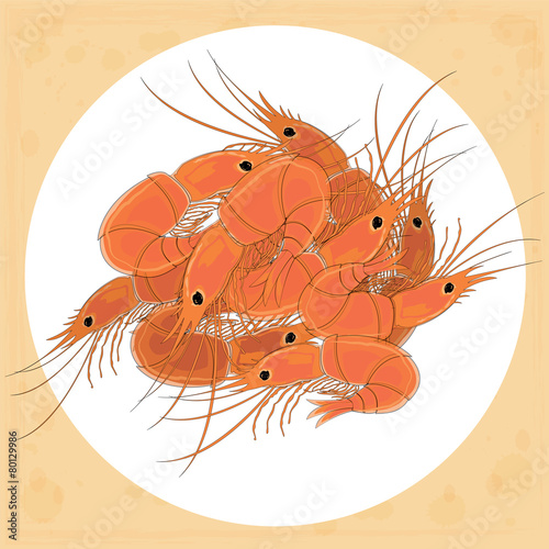 Prepared shrimp on the white plate.