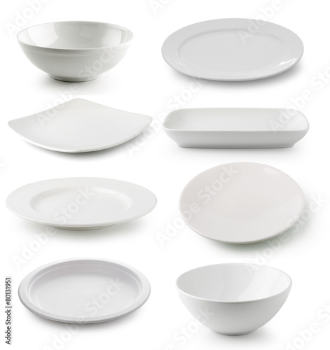 white ceramics plate and bowl isolated on white background