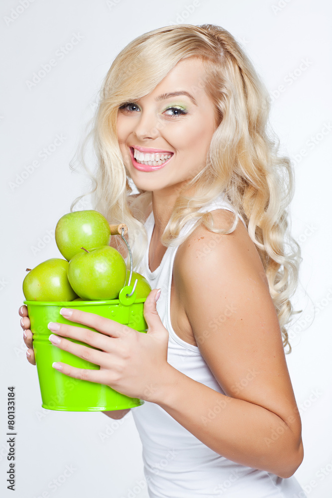 beautiful woman with apples bucket beautiful woman with apples bucket