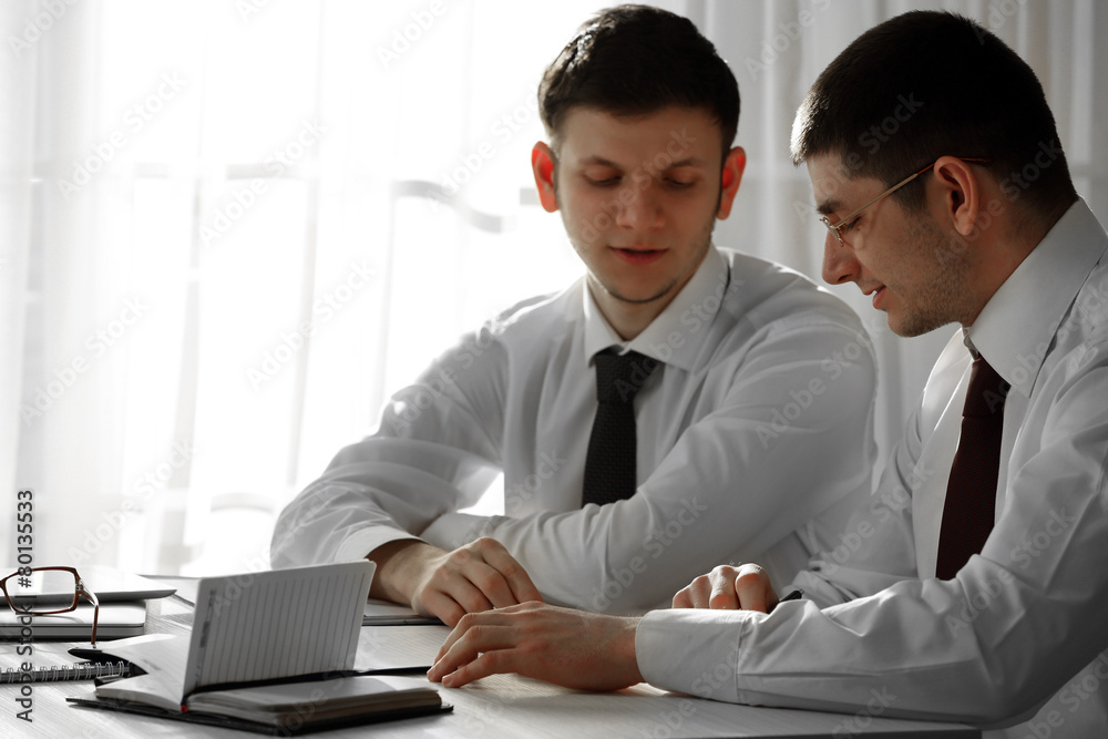 Two handsome businessmen working in office