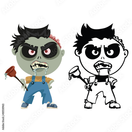 Zombie plumber in overalls with plunger in hand
