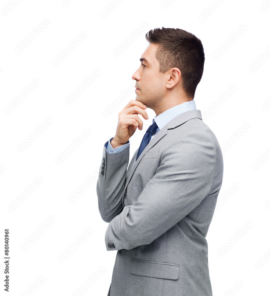 thinking businessman in suit making decision thinking businessman in suit making decision