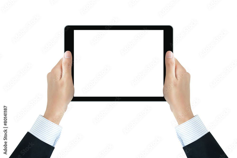 Businessman hands holding tablet pc with blank isolated screen Businessman hands holding tablet pc with blank isolated screen