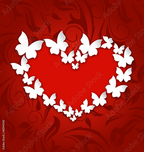 Cute postcard with heart made in paper butterflies for Valentine