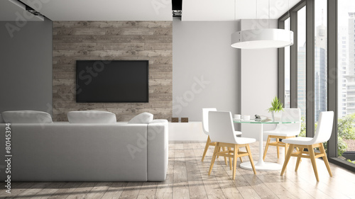 Modern interior with fout white chairs 3D rendering photo