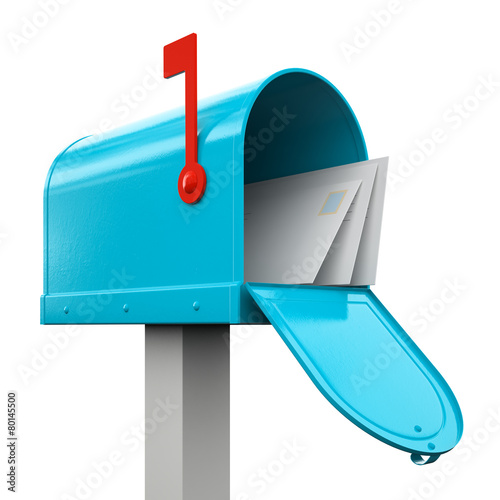 Retro  open blue mailbox isolated on white background