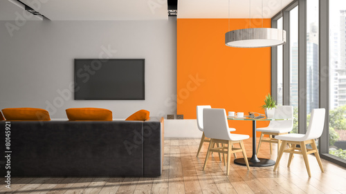 Fototapeta Naklejka Na Ścianę i Meble -  Modern interior with white chairs and orange wall 3D rendering