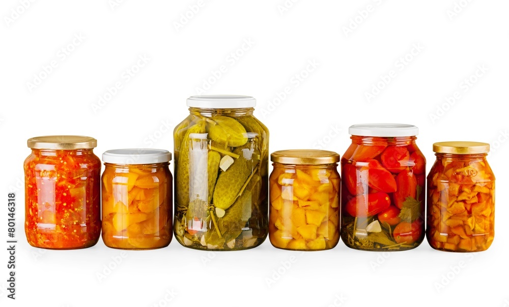 Canning. Home Canning Jars of Summer Harvest Vegetable on White Canning. Home Canning Jars of Summer Harvest Vegetable on White