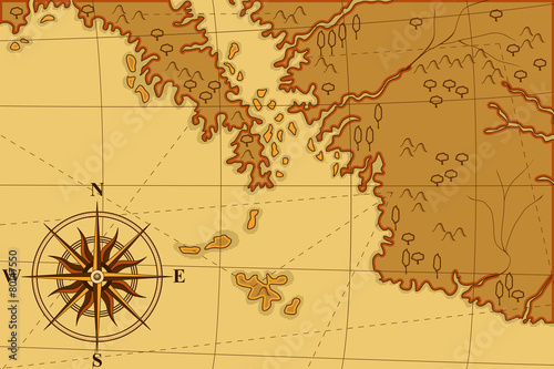 old map with a compass and trees