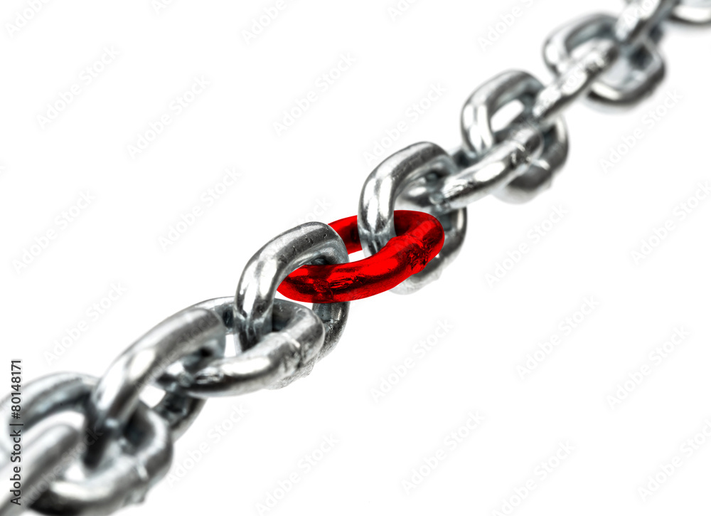 Fototapeta premium Steel chain with red chain center isolated on white bacground