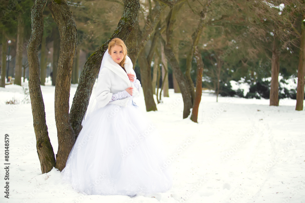 Portrait of a beautiful bride in winter in park