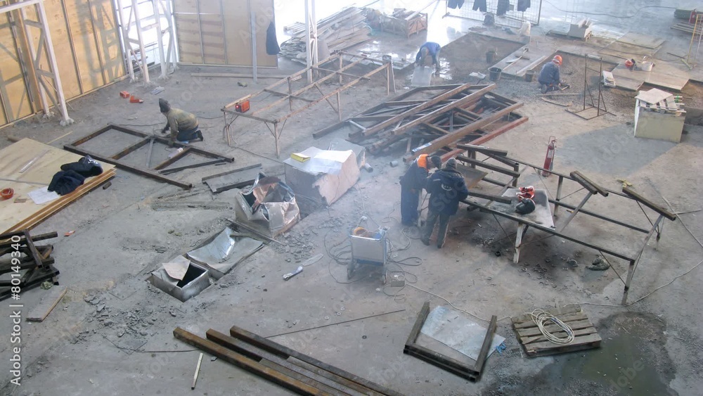 Workers building airport terminal. Timelapse