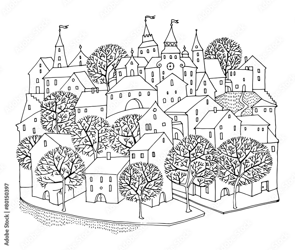 Cartoon hand drawing houses, vector