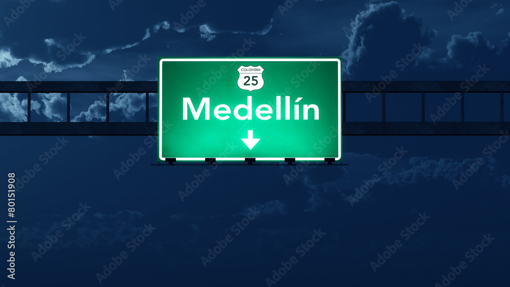 Medellin Colombia Highway Road Sign at Night