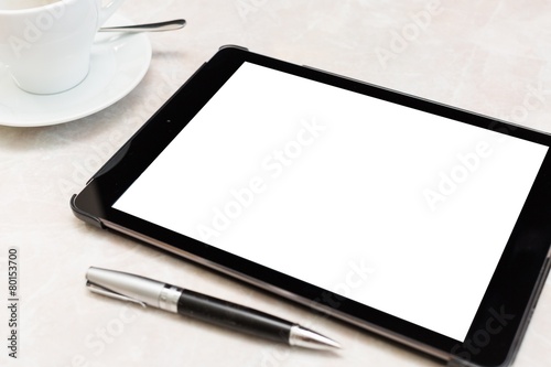 Classroom. tablet with webinar word cloud