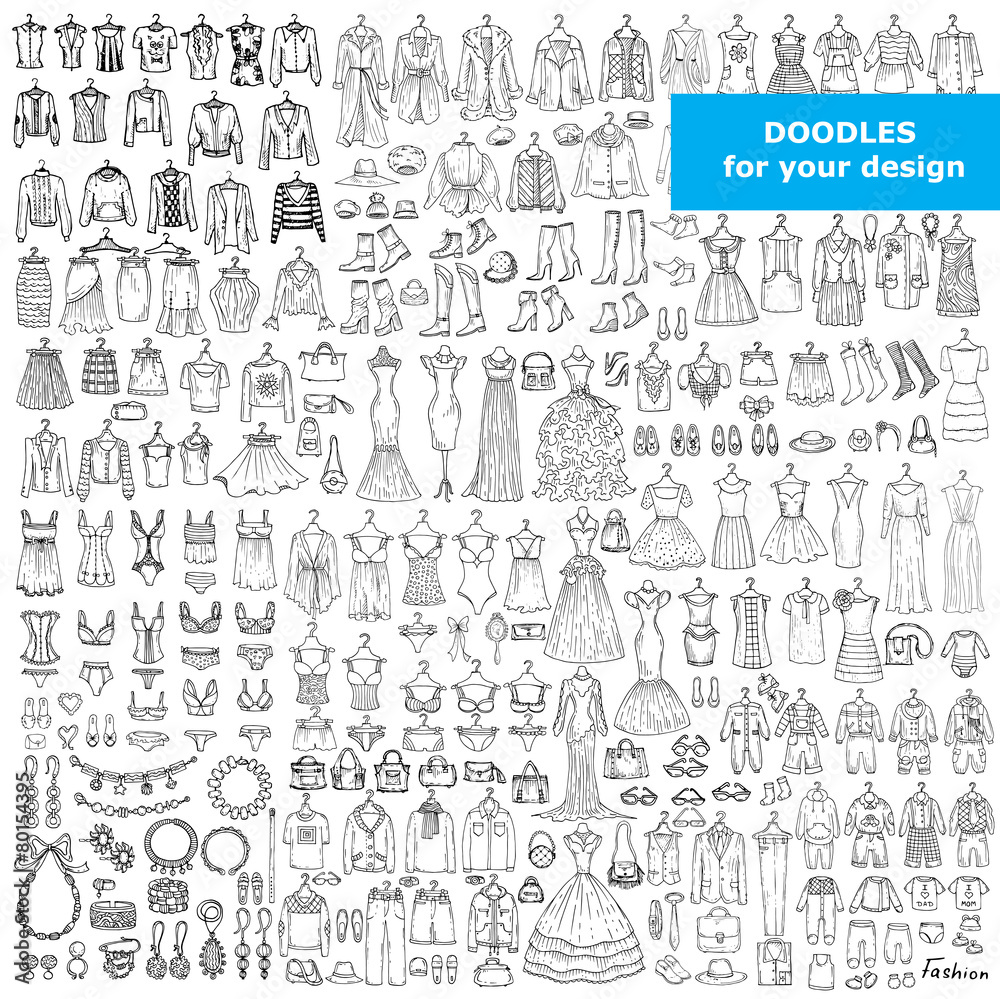 Vector set with doodles of fashionable clothes and accessories - obrazy, fototapety, plakaty 
