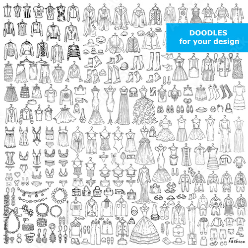 Vector set with doodles of fashionable clothes and accessories
