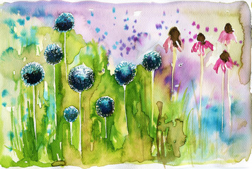 Poster Bloemen Aquarel lentebloemen in groene weide  © bruniewska