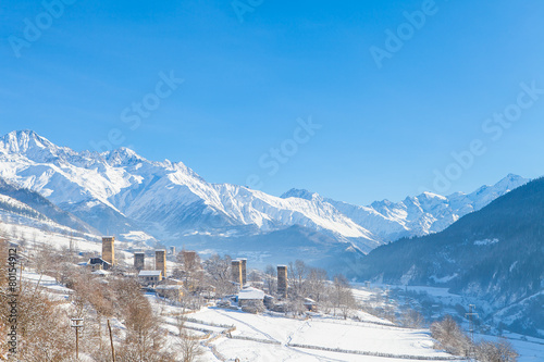 Village with towers in the Valley of Caucasus Mountains