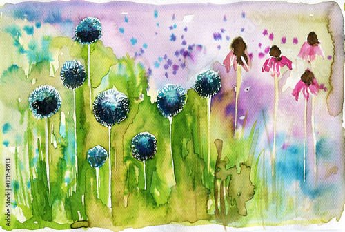 watercolor illustration depicting spring flowers in the meadow