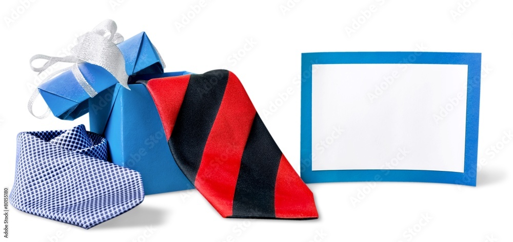 Day. Shiny letters spelling DAD over white with gift box and Day. Shiny letters spelling DAD over white with gift box and