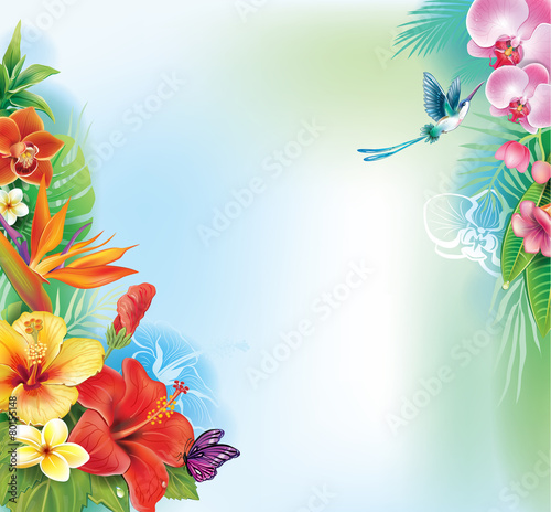 Fototapeta Naklejka Na Ścianę i Meble -  Background from tropical flowers and leaves
