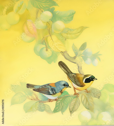Drawing of beautiful bright birds and flowers