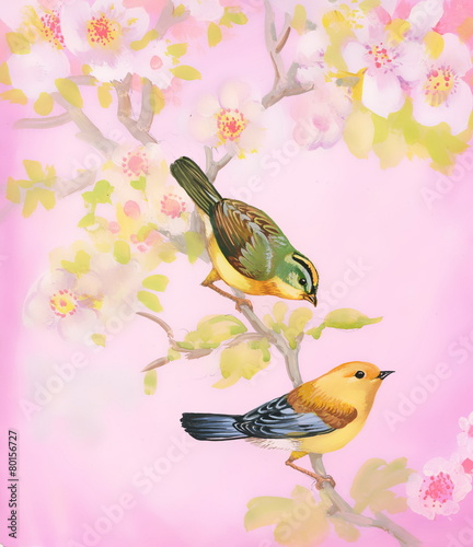 Drawing of beautiful bright birds and flowers