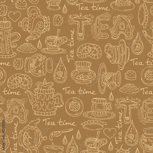 Vector pattern with hand drawn symbols of tea time on brown