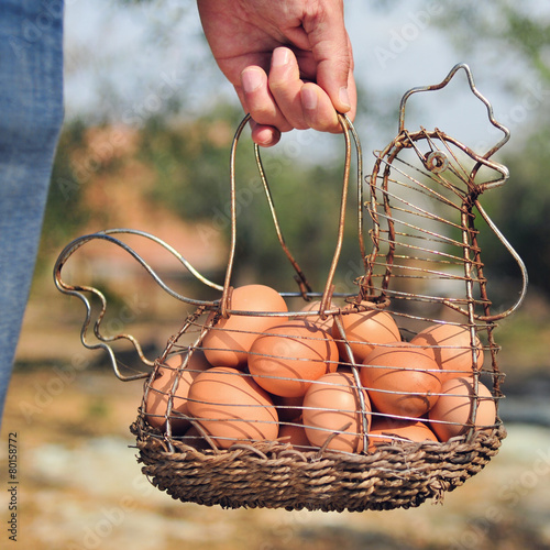 brown eggs in a hen-shaped basket