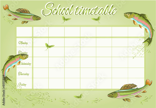 School timetable with rainbow trout vector