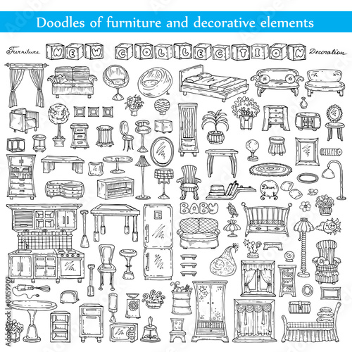 Vector set with doodles of furniture and decorative elements